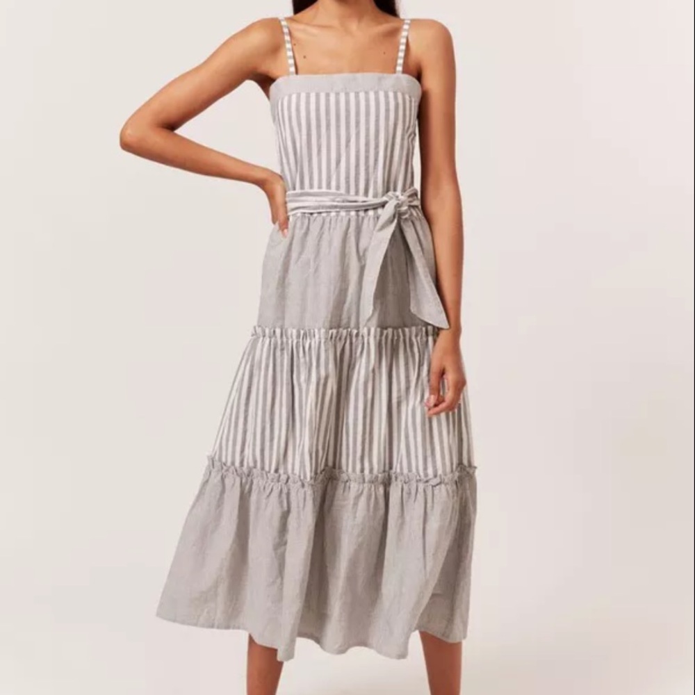 SOLID & STRIPED Gray and White Striped Midi Dress
